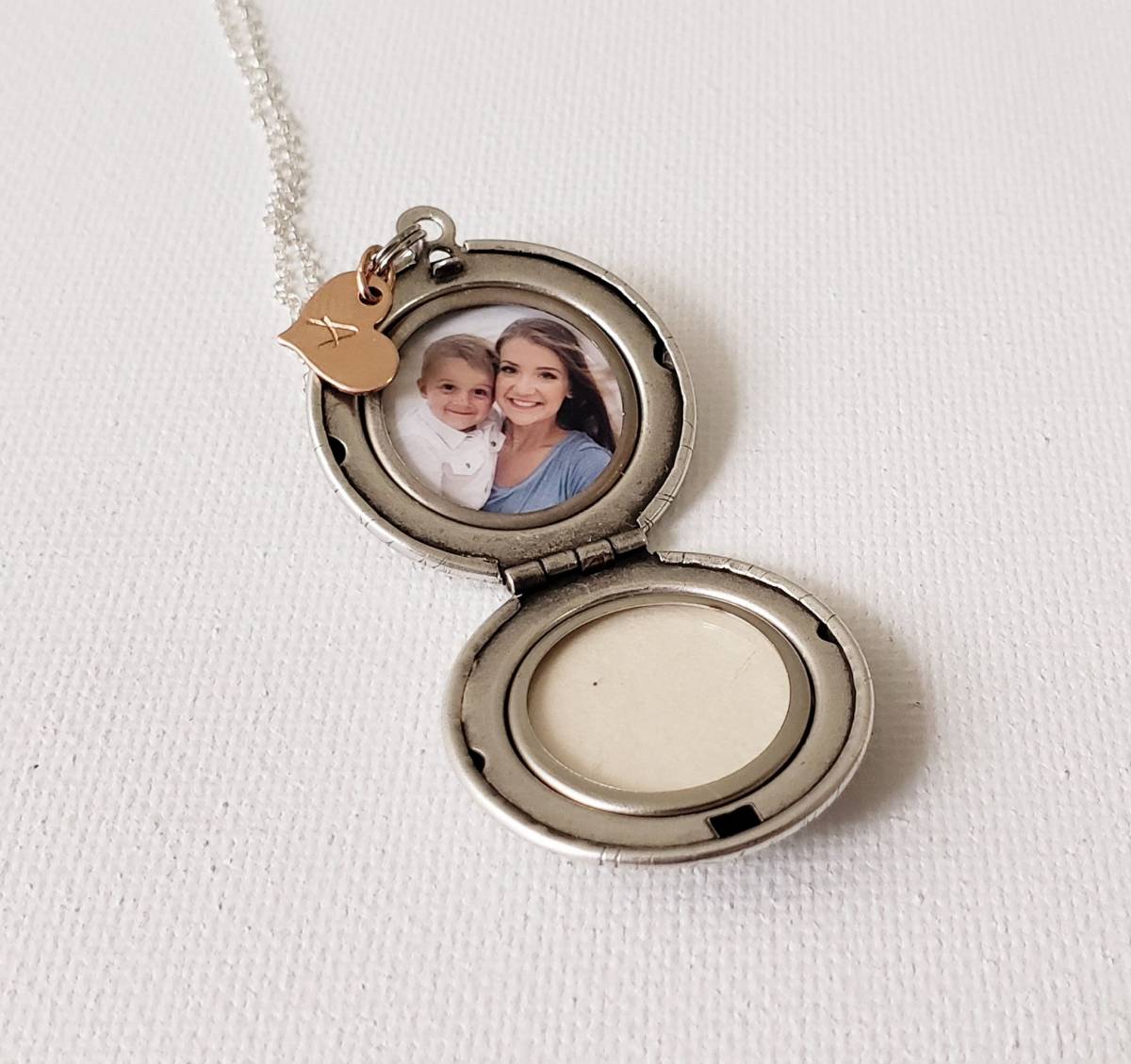 Forget Me Not Locket in Antique Silver, Rose Gold and Gold with Initial - Choose 0-2 Photos - Image 5
