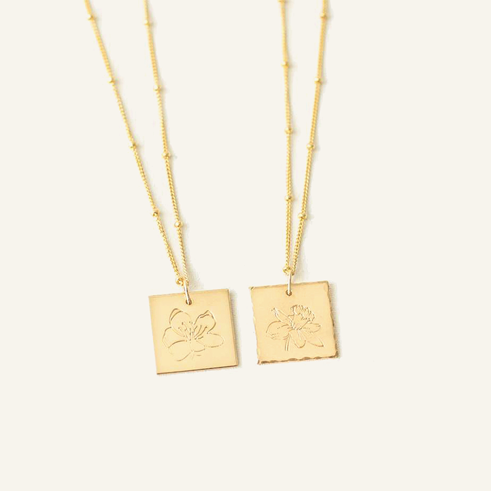 Birth Flower 5/8" Square Necklace