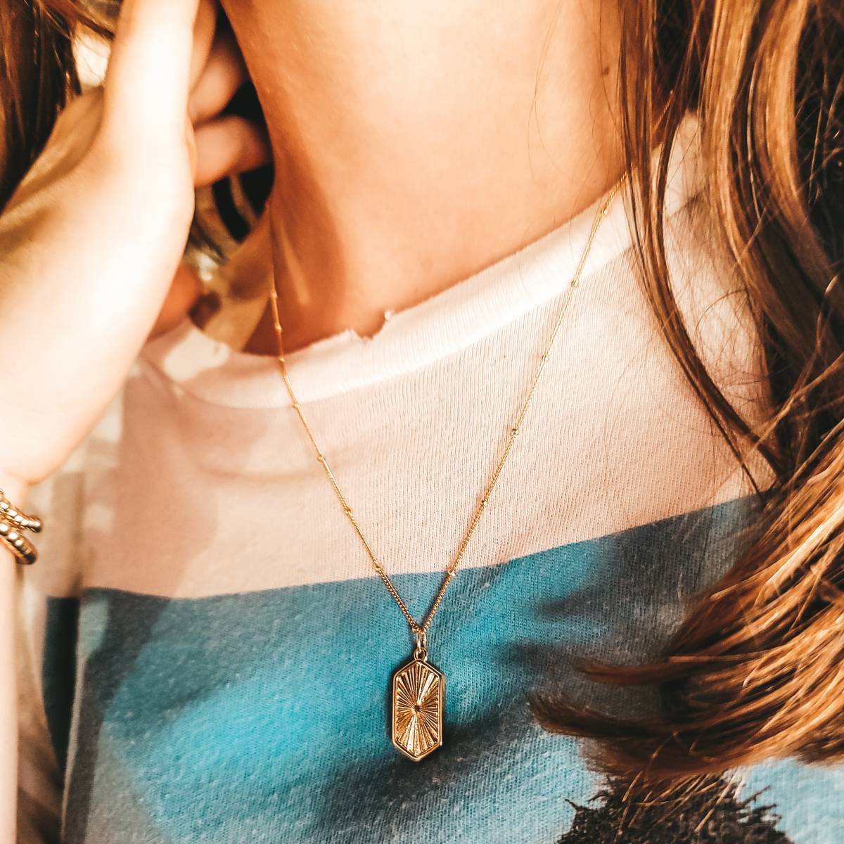 Gold Vermeil Sunburst Necklace on Satellite Chain - Image 4