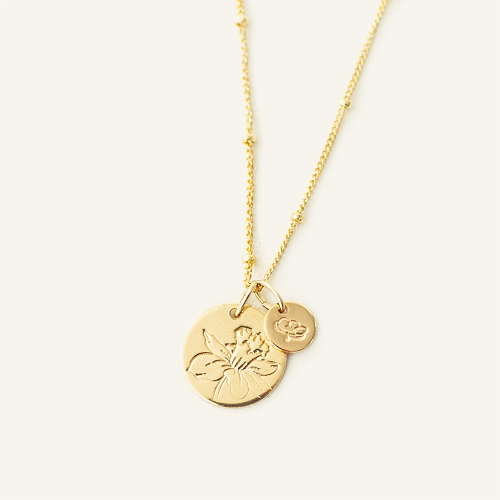 Birth Flower 1/2" and 1/4" Disc Necklace on Satellite Chain