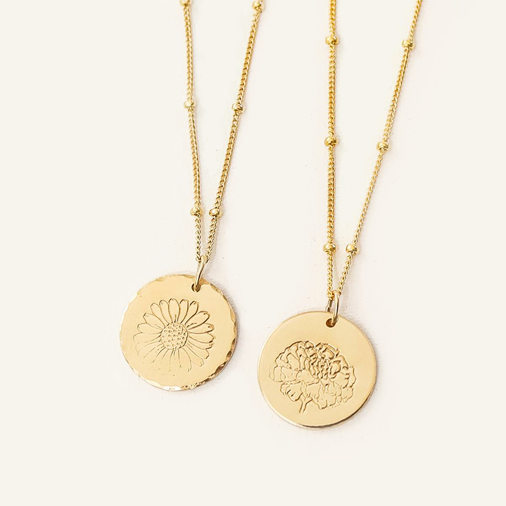 Birth Flower 5/8" Disc Necklace on Satellite Chain