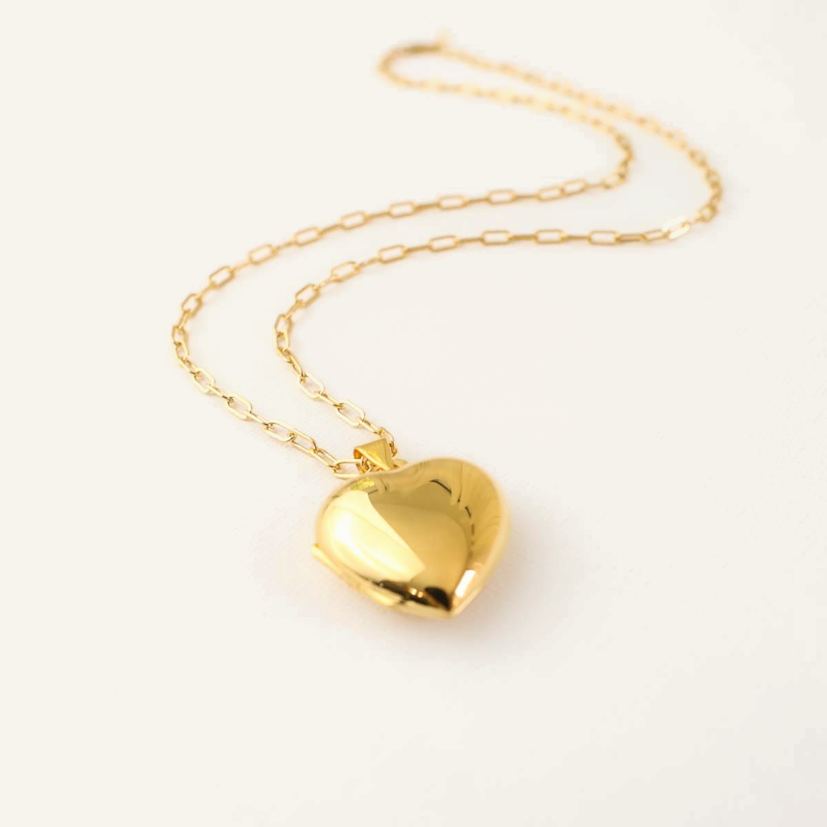 Big Simple Heart Locket Necklace on Paperclip Chain-new background