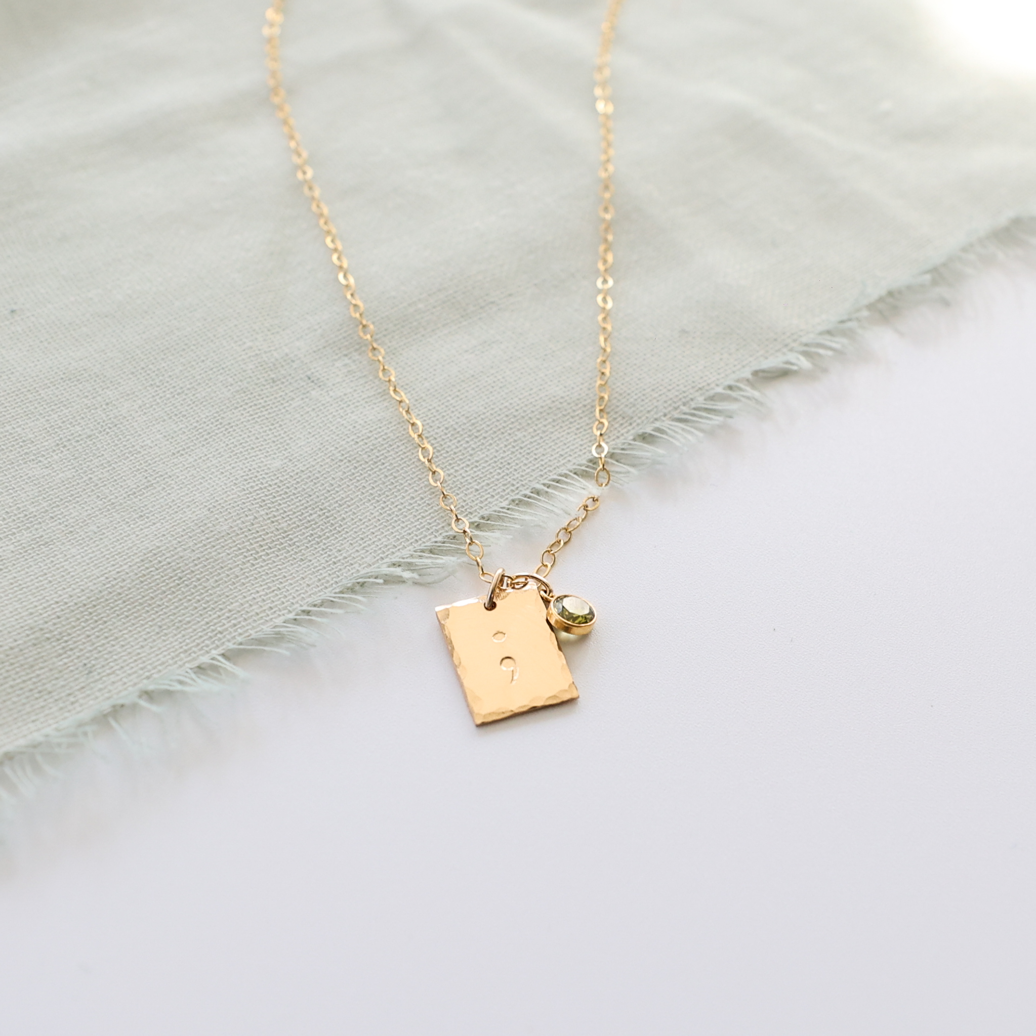 Semicolon 1/3" Rectangle Birthstone Hammered Necklace - Image 3