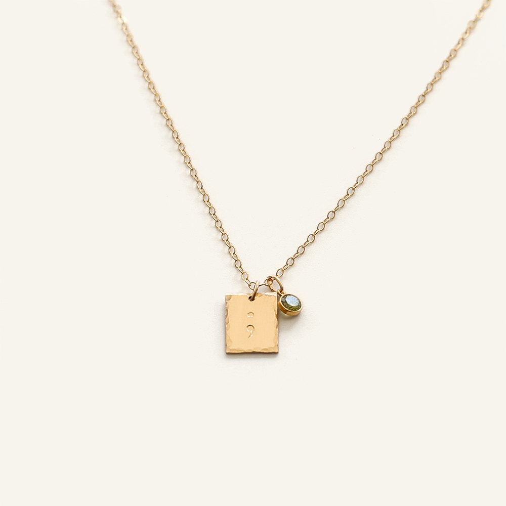 Semicolon 1/3" Rectangle Birthstone Hammered Necklace